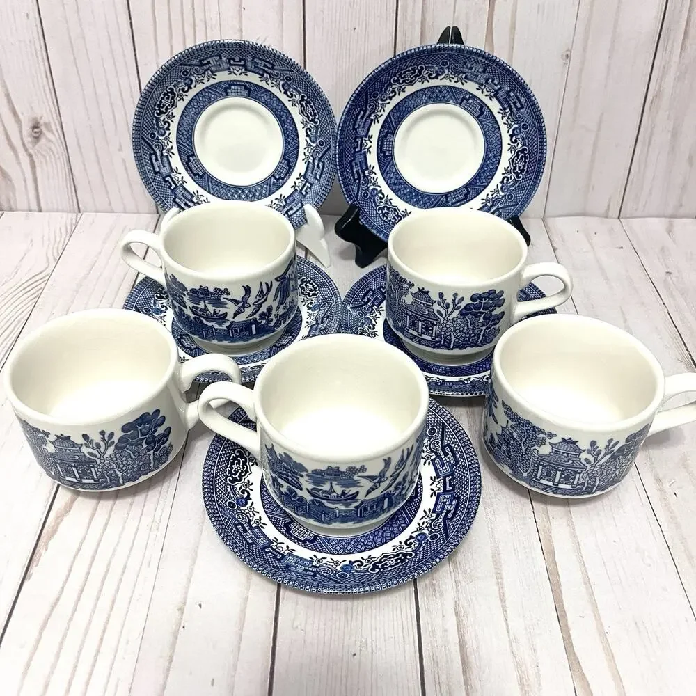 VTG Set 5 Churchill Blue Willow Coffee Tea Cups and Saucers Made in England MCM